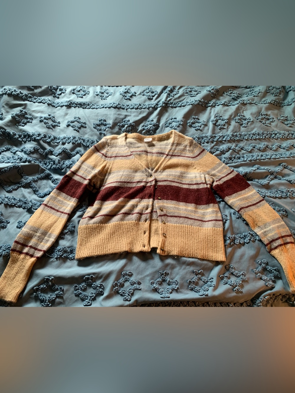 Full Tilt Striped Button-Front V-Neck Cardigan in Tan, Cream, Burgundy & Gray